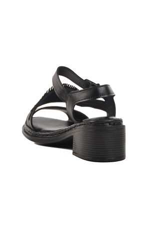 Venüs Siyah Hakiki Deri Kadın Topuklu Sandalet