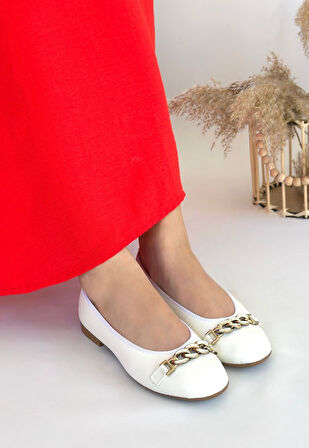 Pabucmarketi Beyaz Suni Deri Kadın Babet Ayakkabı