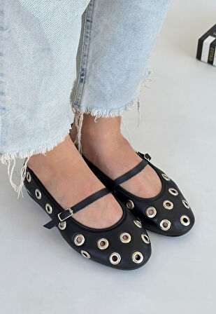 Pabucmarketi Siyah Suni Deri Kadın Babet Ayakkabı