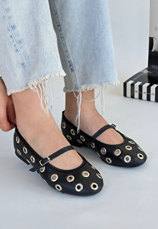 Pabucmarketi Siyah Suni Deri Kadın Babet Ayakkabı