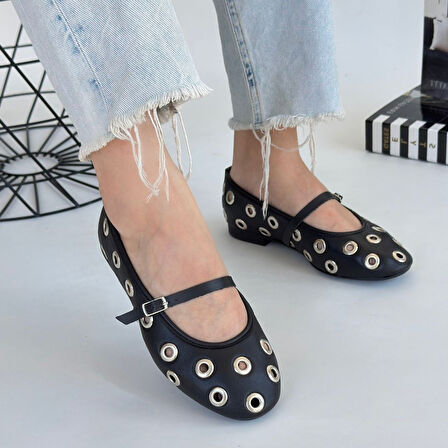 Pabucmarketi Siyah Suni Deri Kadın Babet Ayakkabı