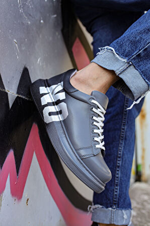 Pabucmarketi Bağcıklı Baskılı Erkek Spor Ayakkabı Gri Koyu Gri