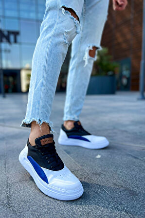 Pabucmarketi Bağcıklı Erkek Spor Ayakkabı Beyaz Siyah Saks