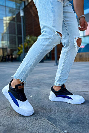 Pabucmarketi Bağcıklı Erkek Spor Ayakkabı Beyaz Siyah Saks