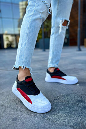 Pabucmarketi Bağcıklı Erkek Spor Ayakkabı Beyaz Kırmızı Siyah