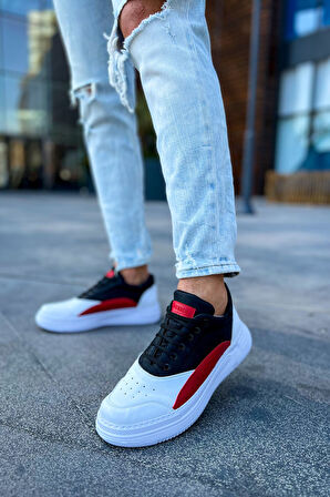 Pabucmarketi Bağcıklı Erkek Spor Ayakkabı Beyaz Kırmızı Siyah