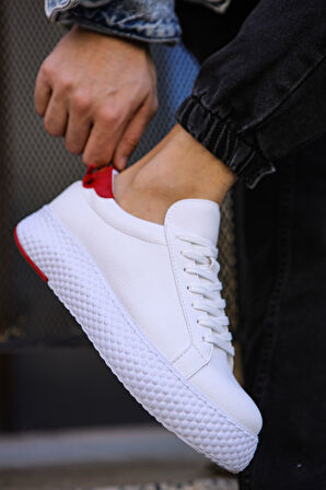 Pabucmarketi Bağcıklı Erkek Günlük Ayakkabı Beyaz Kırmızı