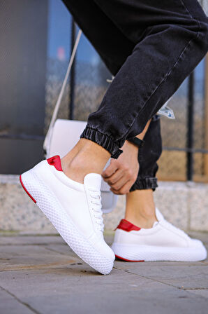 Pabucmarketi Bağcıklı Erkek Günlük Ayakkabı Beyaz Kırmızı