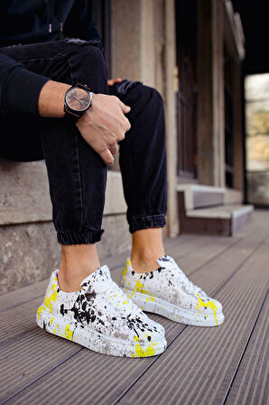 Pabucmarketi Bağcıklı Baskılı Erkek Spor Ayakkabı Beyaz Siyah Benekli