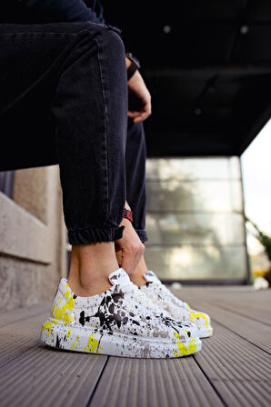 Pabucmarketi Bağcıklı Baskılı Erkek Spor Ayakkabı Beyaz Siyah Benekli