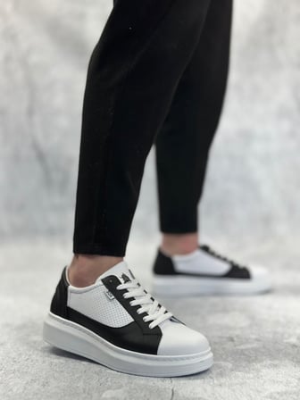 Pabucmarketi Bağcıklı Yüksek Taban Erkek Spor Ayakkabı BEYAZ SİYAH (BEYAZ TABAN)
