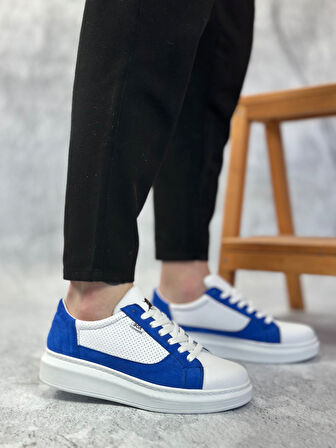 Pabucmarketi Bağcıklı Yüksek Taban Erkek Spor Ayakkabı BEYAZ MAVİ (BEYAZ TABAN)