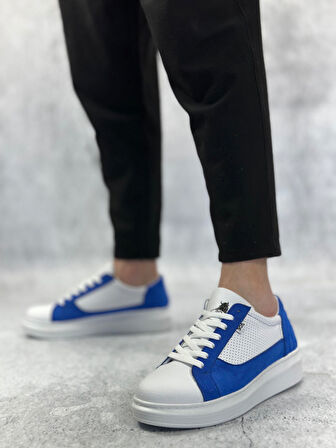 Pabucmarketi Bağcıklı Yüksek Taban Erkek Spor Ayakkabı BEYAZ MAVİ (BEYAZ TABAN)