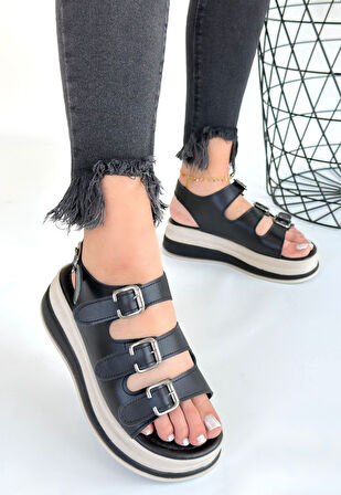 Pabucmarketi Siyah Suni Deri Kadın Düz Sandalet