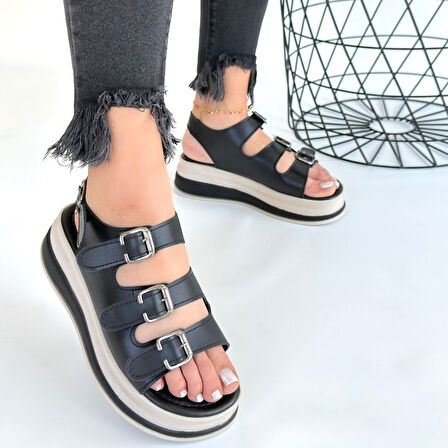 Pabucmarketi Siyah Suni Deri Kadın Düz Sandalet