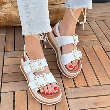 Pabucmarketi Beyaz Suni Deri Kadın Düz Sandalet