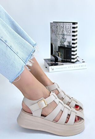 Pabucmarketi Bej Suni Deri Kemerli Kadın Düz Sandalet