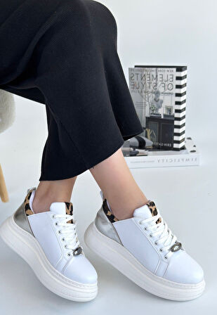 Pabucmarketi Beyaz Suni Deri Gümüş Detaylı Bağcıklı Kadın Spor Ayakkabı