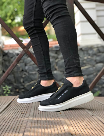 Pabucmarketi Fermuarlı Erkek Ayakkabı SİYAH (BEYAZ TABAN)