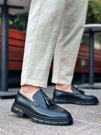 Pabucmarketi Püsküllü Erkek Casual Ayakkabı SİYAH (SİYAH TABAN)