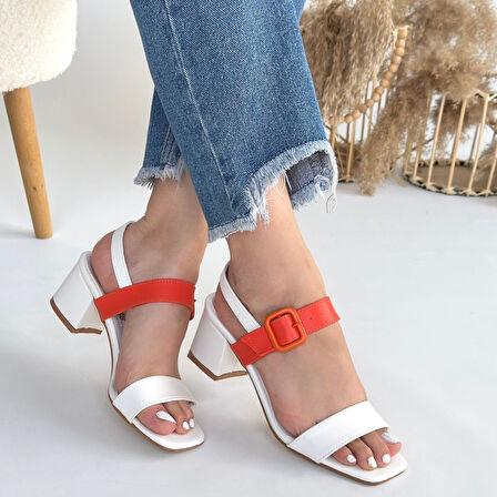 Pabucmarketi Beyaz Turuncu Kadın Topuklu Sandalet