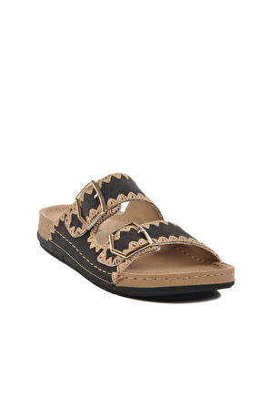 Aspor Siyah Anatomik Çift Bantlı Kadın Düz Terlik