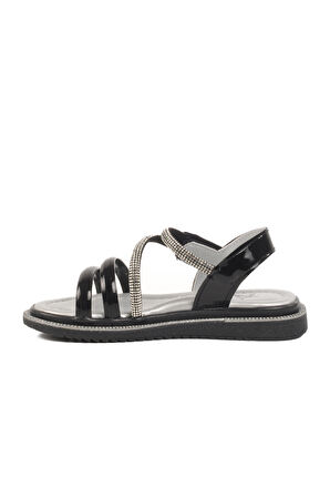 Aspor Siyah Rugan Cırtlı Ortopedik Kız Çocuk Düz Sandalet