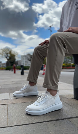 Pabucmarketi Bağcık Detaylı Triko Erkek Spor Ayakkabı BEYAZ (BEYAZ TABAN)