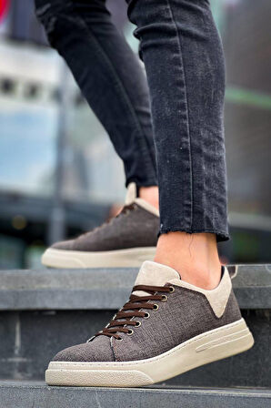 Pabucmarketi Bağcıklı Keten Erkek Hı Sneaker BEJ (BEJ TABAN)