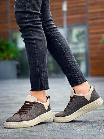 Pabucmarketi Bağcıklı Keten Erkek Hı Sneaker BEJ (BEJ TABAN)