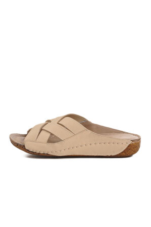 Aspor Bej Hakiki Deri Kadın Düz Terlik