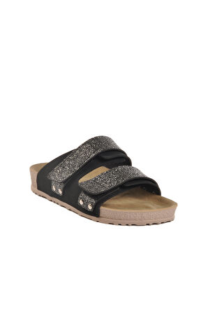 Aspor Siyah Simli Cırtlı Kadın Düz Terlik