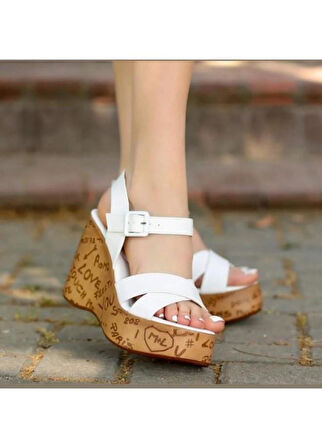 Pabucmarketi Beyaz Kadın Dolgu Topuk Sandalet