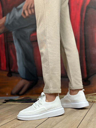 Pabucmarketi Bağcık Detaylı Triko Erkek Spor Ayakkabı BEYAZ (BEYAZ TABAN)