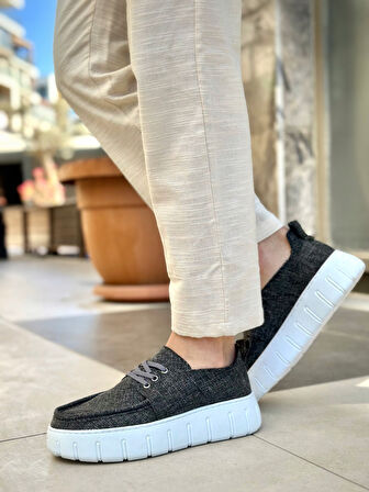 Pabucmarketi Bağcıklı Keten Erkek Günlük Ayakkabı GRİ (BEYAZ TABAN)