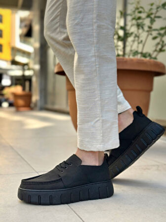Pabucmarketi Bağcıklı Keten Erkek Günlük Ayakkabı SİYAH (SİYAH TABAN)