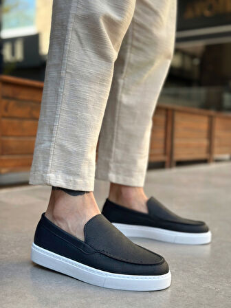 Pabucmarketi Bağcıksız Erkek Casual Ayakkabı SİYAH (BEYAZ TABAN)