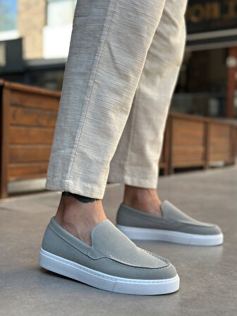 Pabucmarketi Bağcıksız Erkek Casual Ayakkabı GRİ SÜET (BEYAZ TABAN)