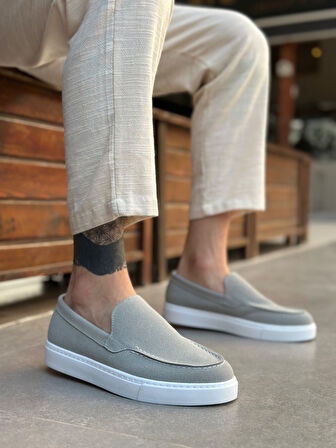 Pabucmarketi Bağcıksız Erkek Casual Ayakkabı GRİ SÜET (BEYAZ TABAN)