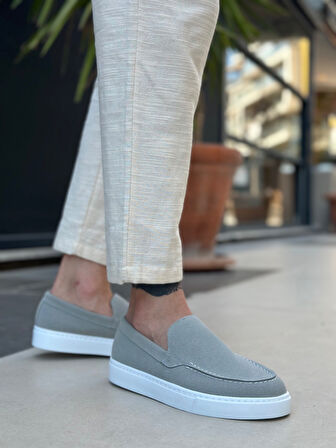 Pabucmarketi Bağcıksız Erkek Casual Ayakkabı GRİ SÜET (BEYAZ TABAN)