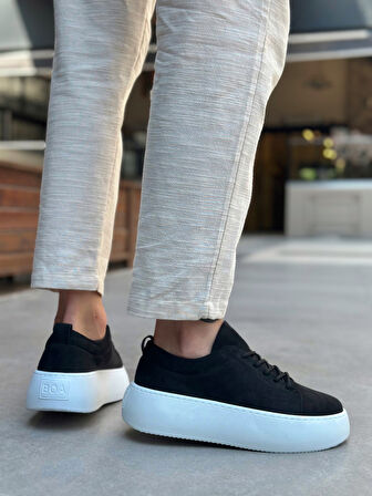 Pabucmarketi Bağcıklı Yüksek Taban Erkek Spor Ayakkabı SİYAH SÜET (BEYAZ TABAN)