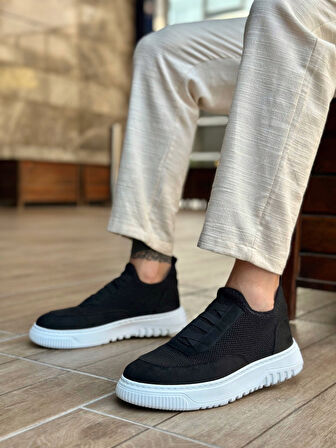 Pabucmarketi Bağcıksız Lastik Detaylı Triko Erkek Hi Sneaker SİYAH (BEYAZ TABAN)