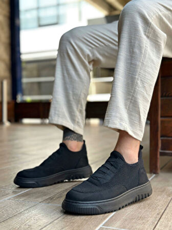 Pabucmarketi Bağcıksız Lastik Detaylı Triko Erkek Hi Sneaker SİYAH (SİYAH TABAN)
