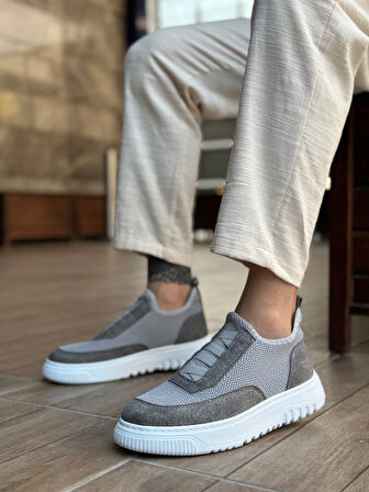 Pabucmarketi Bağcıksız Lastik Detaylı Triko Erkek Hi Sneaker GRİ (BEYAZ TABAN)