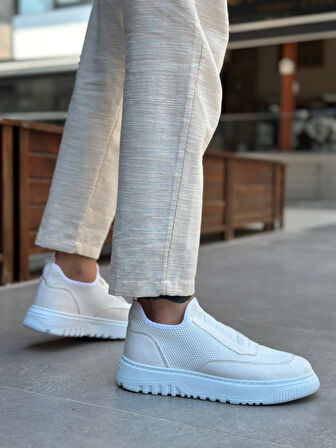 Pabucmarketi Bağcıksız Lastik Detaylı Triko Erkek Hi Sneaker BEYAZ (BEYAZ TABAN)