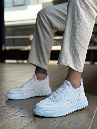 Pabucmarketi Bağcıksız Lastik Detaylı Triko Erkek Hi Sneaker BEYAZ (BEYAZ TABAN)