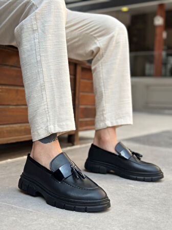 Pabucmarketi Püsküllü Kemer Detaylı Erkek Casual Ayakkabı SİYAH (SİYAH TABAN)