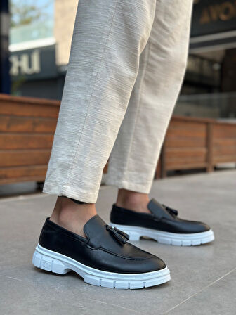 Pabucmarketi Püsküllü Erkek Casual Ayakkabı SİYAH (BEYAZ TABAN)