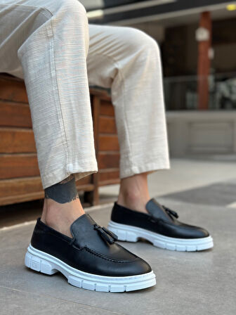 Pabucmarketi Püsküllü Erkek Casual Ayakkabı SİYAH (BEYAZ TABAN)