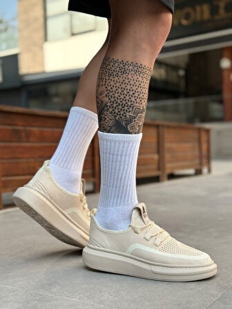 Pabucmarketi Bağcık Detaylı Triko Erkek Spor Ayakkabı KREM (BEYAZ TABAN)